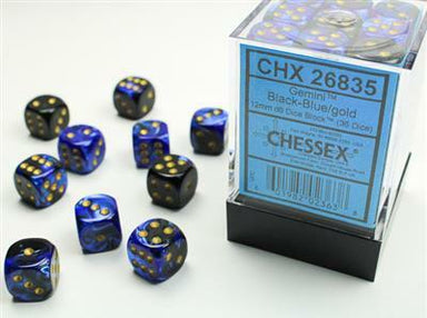 Gemini® 12mm D6 Black-Blue/gold Dice Block™ (36 dice) - Saltire Games