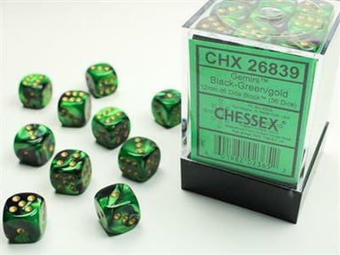 Gemini® 12mm D6 Black-Green/gold Dice Block™ (36 dice) - Saltire Games