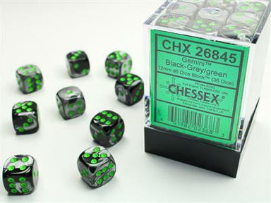 Gemini® 12mm D6 Black-Grey/green Dice Block™ (36 dice) - Saltire Games