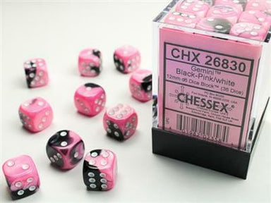 Gemini® 12mm D6 Black-Pink/white Dice Block™ (36 dice) - Saltire Games
