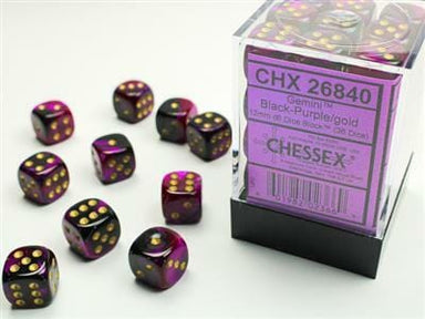 Gemini® 12mm D6 Black-Purple/gold Dice Block (36 dice) - Saltire Games