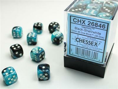 Gemini® 12mm D6 Black-Shell/white Dice Block™ (36 dice) - Saltire Games