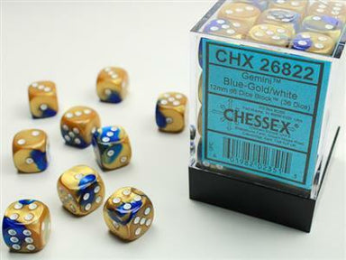 Gemini® 12mm D6 Blue-Gold/white Dice Block™ (36 dice) - Saltire Games