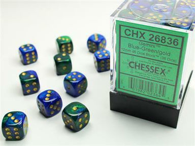 Gemini® 12mm D6 Blue-Green/gold Dice Block™ (36 dice) - Saltire Games