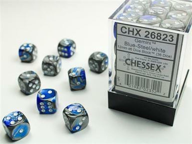 Gemini® 12mm D6 Blue-Steel/white Dice Block™ (36 dice) - Saltire Games