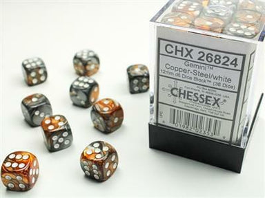 Gemini® 12mm D6 Copper-Steel/white Dice Block™ (36 dice) - Saltire Games