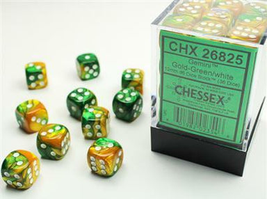 Gemini® 12mm D6 Gold-Green/white Dice Block™ (36 dice) - Saltire Games