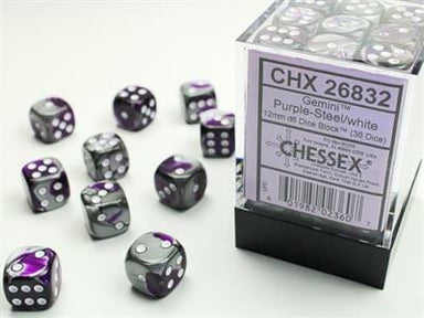Gemini® 12mm D6 Purple-Steel/white Dice Block (36 dice) - Saltire Games