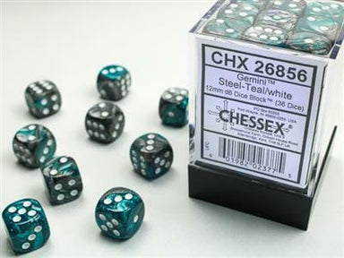 Gemini® 12mm D6 Steel-Teal/white Dice Block™ (36 dice) - Saltire Games