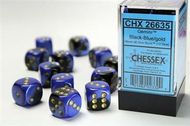 Gemini® 16mm D6 Black-Blue/gold Dice Block™ (12 dice) - Saltire Games