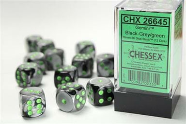 Gemini® 16mm D6 Black-Grey/green Dice Block™ (12 dice) - Saltire Games