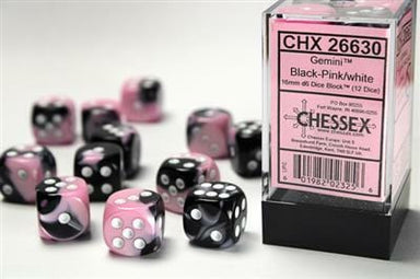 Gemini® 16mm D6 Black-Pink/white Dice Block™ (12 dice) - Saltire Games