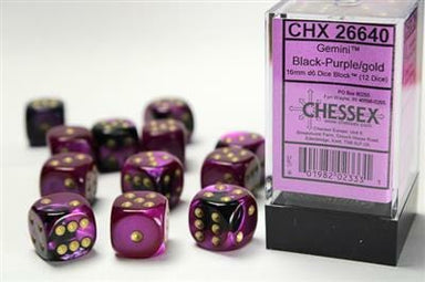 Gemini® 16mm D6 Black-Purple/gold Dice Block™ (12 dice) - Saltire Games