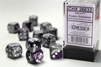 Gemini® 16mm D6 Purple-Steel/white Dice Block™ (12 dice) - Saltire Games