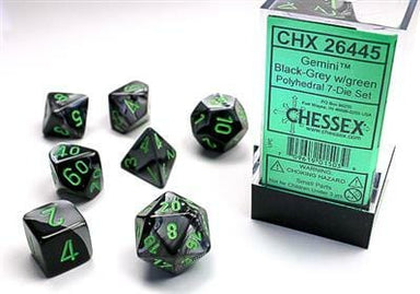 Gemini Black-Grey/green Polyhedral 7-Die Set - Saltire Games