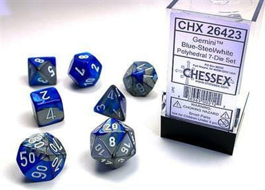 Gemini Blue-Steel/white Polyhedral 7-Die Set - Saltire Games