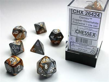 Gemini Copper-Steel/white Polyhedral 7-Die Set - Saltire Games