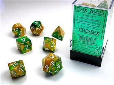 Gemini Gold-Green/white Polyhedral 7-Die Set - Saltire Games