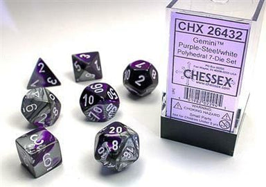 Gemini Purple-Steel/white Polyhedral 7-Die Set - Saltire Games
