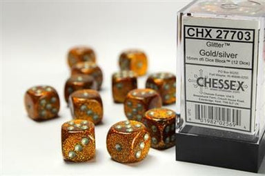 Glitter 16mm D6 Gold/silver Dice Block™ (12 dice) - Saltire Games