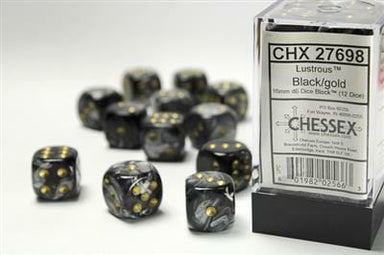 Lustrous® 16mm D6 Black/gold Dice Block™ (12 dice) - Saltire Games