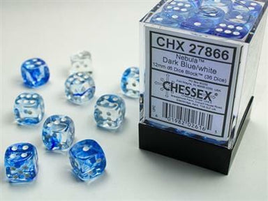 Nebula® 12mm D6 Dark Blue/white Dice Block™ (36 dice) - Saltire Games
