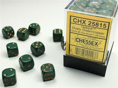 Opaque 12mm D6 Dusty Green/copper Dice Block™ (36 dice) - Saltire Games