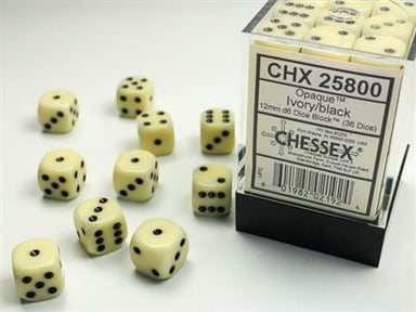 Opaque 12mm D6 Ivory/black Dice Block™ (36 dice) - Saltire Games