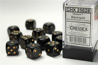 Opaque 16mm D6 Black/gold Dice Block™ (12 dice) - Saltire Games