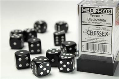 Opaque 16mm D6 Black/white Dice Block™ (12 dice) - Saltire Games