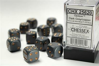 Opaque 16mm D6 Dark Grey/copper Dice Block™ (12 dice) - Saltire Games