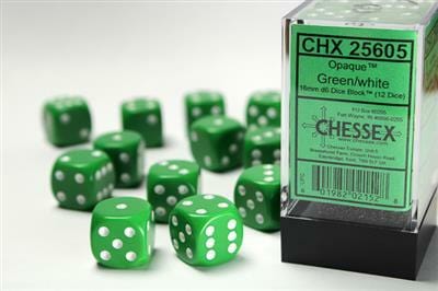 Opaque 16mm D6 Green/white Dice Block™ (12 dice) - Saltire Games
