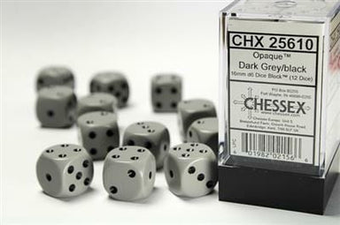 Opaque 16mm D6 Grey/black Dice Block™ (12 dice) - Saltire Games