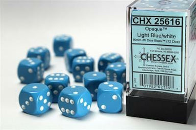 Opaque 16mm D6 Light Blue/white Dice Block™ (12 dice) - Saltire Games
