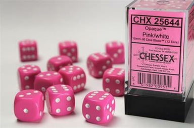 Opaque 16mm D6 Pink/white Dice Block™ (12 dice) - Saltire Games