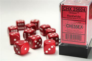 Opaque 16mm D6 Red/white Dice Block™ (12 dice) - Saltire Games