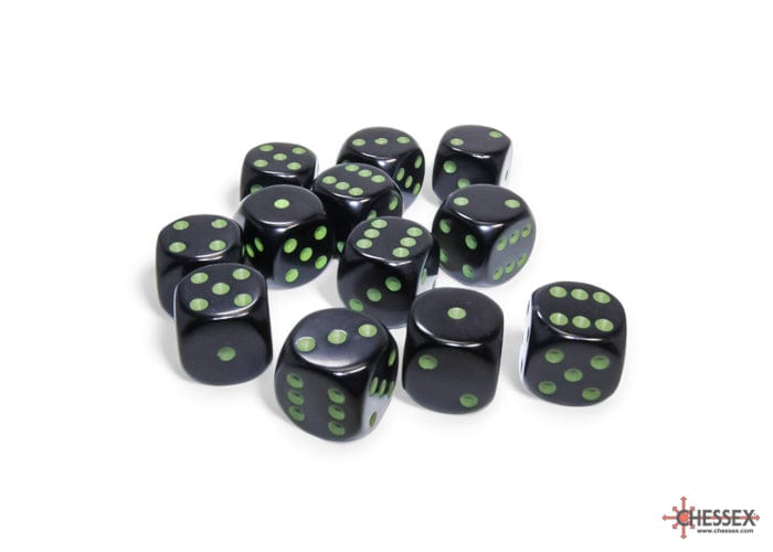 Opaque Black/Green d6 Dice Block (12 Dice) - Saltire Games