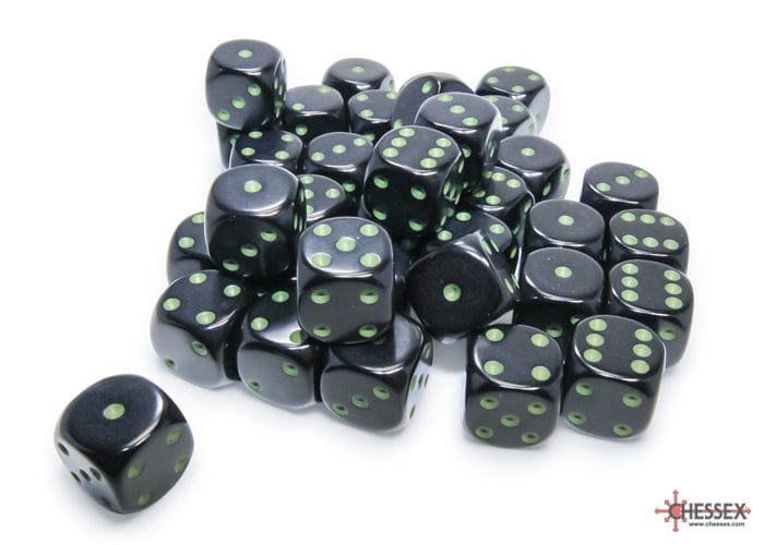 Opaque Black/Green d6 Dice Block (36 Dice) - Saltire Games