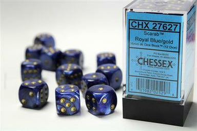 Scarab® 16mm D6 Royal Blue/gold Dice Block™ (12 dice) - Saltire Games