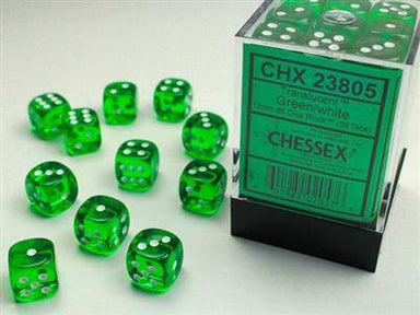 Translucent 12mm D6 Green/white Dice Block™ (36 dice) - Saltire Games