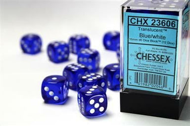 Translucent 16mm D6 Blue/white Dice Block™ (12 dice) - Saltire Games