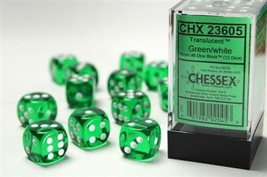 Translucent 16mm D6 Green/white Dice Block™ (12 dice) - Saltire Games