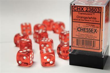 Translucent 16mm D6 Orange/white Dice Block™ (12 dice) - Saltire Games