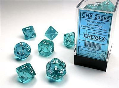 Translucent Polyhedral Teal/white 7-Die Set - Saltire Games