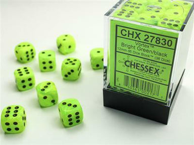 Vortex® 12mm D6 Bright Green/black Dice Block™ (36 dice) - Saltire Games