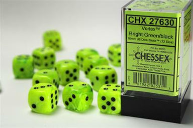 Vortex® 16mm D6 Bright Green/black Dice Block™ (12 dice) - Saltire Games