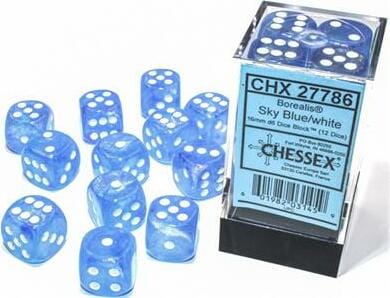 Borealis® 16mm D6 Sky Blue/white Luminary™ Dice Block™ (12 dice) - Saltire Games