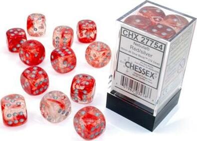Nebula® 16mm D6 Red/silver Luminary™ Dice Block™ (12 dice) - Saltire Games