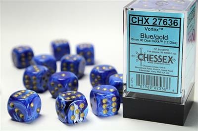 Vortex® 16mm D6 Blue/gold Dice Block™ (12 dice) - Saltire Games