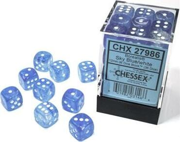 Borealis Sky Blue/white Luminary 12mm d6 Dice Block (36 dice) - Saltire Games